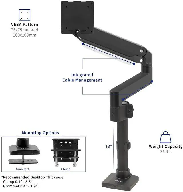 Alt view image 5 of 5 - VIVO Premium Aluminum Single Screen Pneumatic Spring Monitor Arm Desk Mount Stand with Extension Pole | Fits One Screen up to 35" (STAND-V101GT)