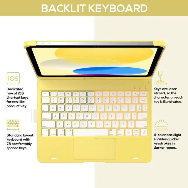 Alt view image 3 of 5 - typecase Touch iPad 10th Generation Case with Keyboard (10.9", 2022) and iPad A16 (11th Gen, 2025)  360° Rotatable, 11-Color Backlit, Multi-Touch Trackpad, Thin & Light (Yellow)