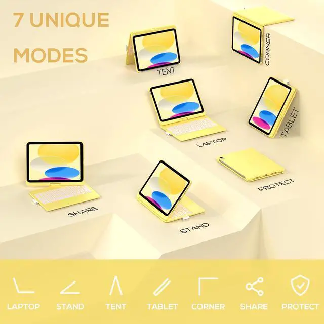 Alt view image 5 of 5 - typecase Touch iPad 10th Generation Case with Keyboard (10.9", 2022) and iPad A16 (11th Gen, 2025)  360° Rotatable, 11-Color Backlit, Multi-Touch Trackpad, Thin & Light (Yellow)