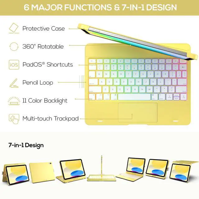 Alt view image 4 of 5 - typecase Touch iPad 10th Generation Case with Keyboard (10.9", 2022) and iPad A16 (11th Gen, 2025)  360° Rotatable, 11-Color Backlit, Multi-Touch Trackpad, Thin & Light (Yellow)