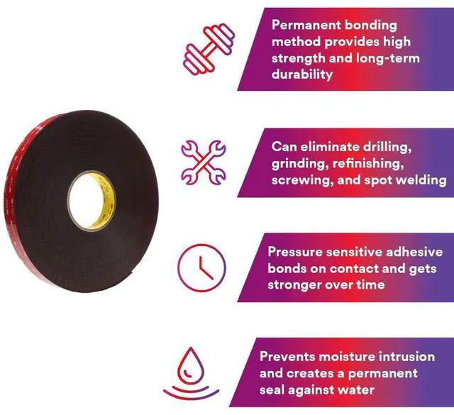 Alt view image 3 of 4 - 3M VHB Tape 5952 Double-Sided Acrylic Foam Tape - Heavy Duty, Industrial Mounting Tape - 1/2 inch width x 36 yards length, 45 mil thick, 18 rolls/case - Black