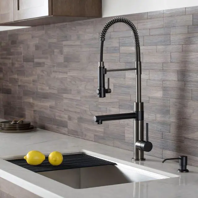 Alt view image 2 of 7 - Kraus KPF-1603MBSB Artec Pro 2-Function Commercial Style Pre-Rinse Kitchen Faucet with Pull-Down Spring Spout and Pot Filler, Matte Black/Black Stainless Steel