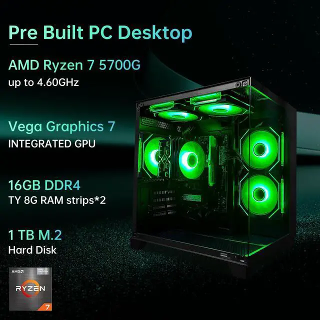Alt view image 3 of 7 - ALCPOK Computer Desktop PC AMD Ryzen 7 5700G Up to 4.6GHz Prebuilt PC 16G RAM DDR4 1TB M.2 SSD ARGB Fan Computer Tower