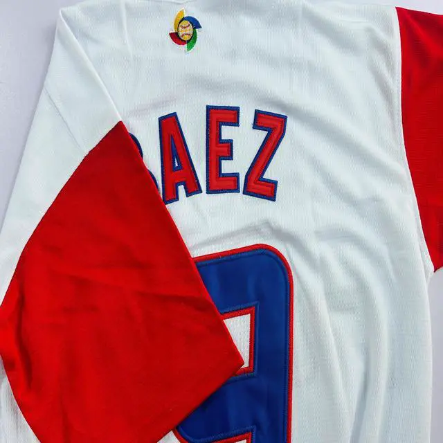 Alt view image 5 of 6 - GOURIDA Boyfriend Style Men's No.9 Baez Puerto Rico World Game Classic Baseball Jersey Stitched White X-Large