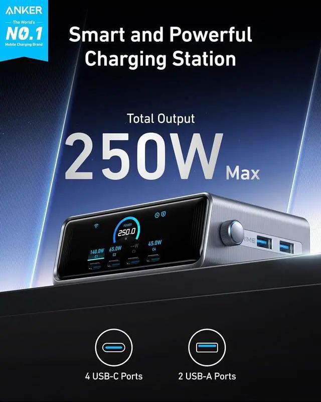 Alt view image 2 of 6 - Prime Charger 250W GaN Prime USB C Charging Station Ultra-Fast 6-Port 2.26 LCD Display and Smart Control Dial Compatible with MacBook Pro/Air iPhone 16/15/14 Galaxy and More (Silver)