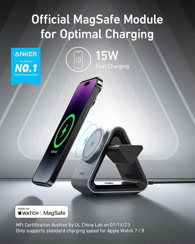Alt view image 2 of 7 - MagSafe Charger, Anker 737 MagGo Charger (3-in-1 Station) with MFi-Certified 15W Max Fast Charging, for iPhone 14/13 / 12 Series, Apple Watch S8 / 7/6, AirPods 3 / Pro (30W USB-C Charger Included)