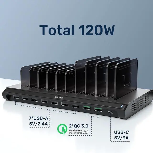 Alt view image 2 of 7 - Unitek Multi USB Charging Station - 10 Ports Fast iPad Charging Dock with Type-C & 2 QC 3.0 Port, Charger Station Organizer for Multiple Devices Designed for iPhone, Kindle, Android, Tablets