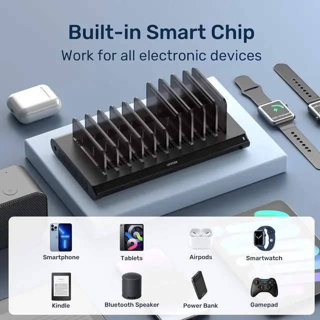Alt view image 4 of 7 - Unitek Multi USB Charging Station - 10 Ports Fast iPad Charging Dock with Type-C & 2 QC 3.0 Port, Charger Station Organizer for Multiple Devices Designed for iPhone, Kindle, Android, Tablets