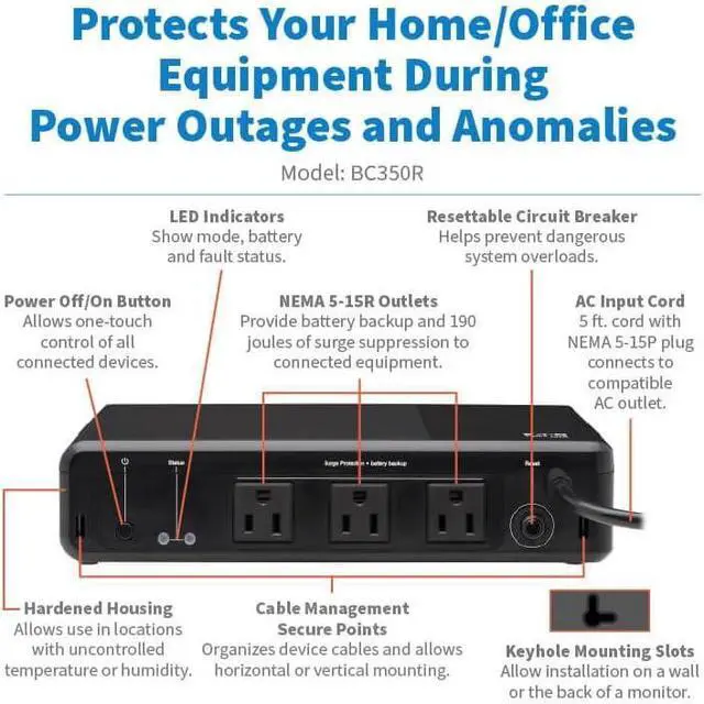 Alt view image 2 of 7 - Tripp Lite 350VA UPS Desktop Battery Backup and Surge Protector, 210W, 3 Outlets, Home & Office UPS, Small Form Factor, Wall Mounting Option, 5ft Cord, 3-Year Warranty (BC350R)