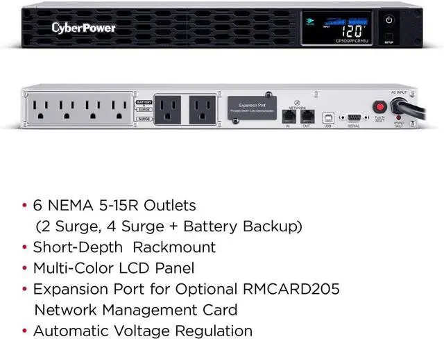 Alt view image 4 of 6 - CyberPower CP500PFCRM1U PFC Sinewave UPS Battery Backup and Surge Protector, 500VA/300W, 6 Outlets, AVR, 1U Rackmount; UL Certified
