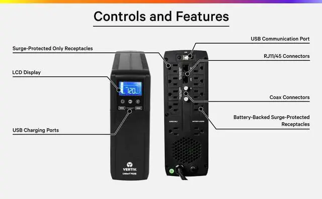 Alt view image 7 of 7 - Vertiv Liebert PSA5 UPS - 1000VA/600W 120V Line Interactive AVR Tower UPS, 10 outlets, 2 USB Charging Ports, Battery Backup w/ Surge Protection, 3 year warranty, Energy Star Certified (PSA5-1000MT120)