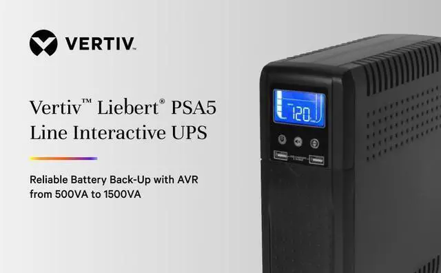 Alt view image 6 of 7 - Vertiv Liebert PSA5 UPS - 1000VA/600W 120V Line Interactive AVR Tower UPS, 10 outlets, 2 USB Charging Ports, Battery Backup w/ Surge Protection, 3 year warranty, Energy Star Certified (PSA5-1000MT120)