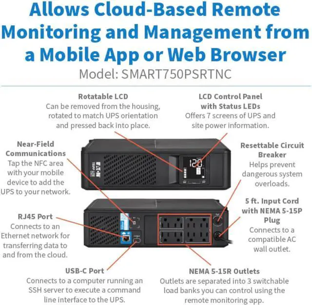 Alt view image 3 of 7 - Eaton Tripp Lite Series SMART750PSRTNC 750VA Online Cloud-Connected Tower UPS Battery Backup & Surge Protector, 475W, Pure Sine Wave, AVR, Computer Uninterruptible Power Supply Units