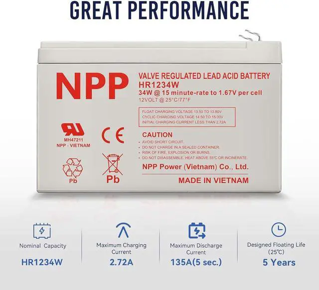 Alt view image 3 of 7 - NPP High Rate FR HR1234W (F2, 4Pcs) 204Watts High Rate Battery Replace 12V 9Ah 12V 34Watts/Cell AGM Sealed Lead Acid Rechargeable for Back-UPS Flame Retardant UPS
