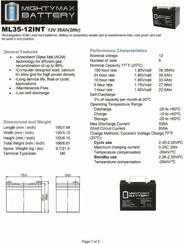 Alt view image 5 of 6 - Mighty Max Battery 12V 35AH INT Replacement Battery for VMAX V35-857 - 2 Pack