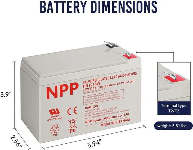 Alt view image 4 of 7 - NPP High Rate FR HR1234W (F2, 4Pcs) 204Watts High Rate Battery Replace 12V 9Ah 12V 34Watts/Cell AGM Sealed Lead Acid Rechargeable for Back-UPS Flame Retardant UPS