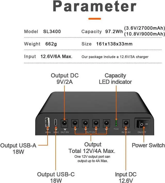 Alt view image 2 of 6 - TalentCell Mini UPS Uninterrupted Power Supply 27000mAh 97.2Wh Lithium ion Backup Battery Pack with DC 12V/9V and 18W USB-A/USB-C PD Output for Router/Modem/LED Light, CCTV Camera, Smartphone and more
