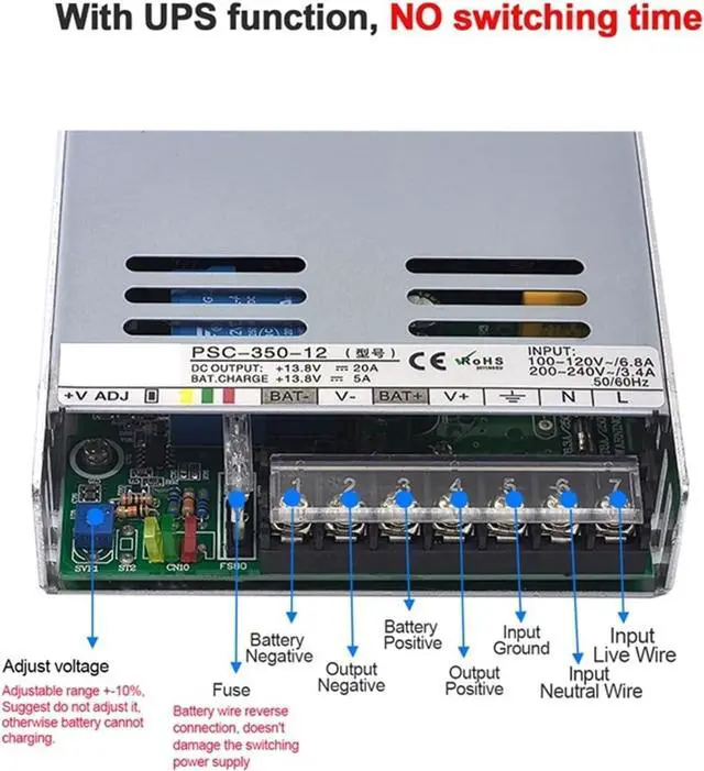 Alt view image 4 of 6 - 350W Uninterruptible Regulated Switching Power Supply DC Power Voltage Converter With Fuse DC 12V 24V 5A/2.5A For Charge PSC-350 for Computer Lab, LED Strip Light and So on(12V)