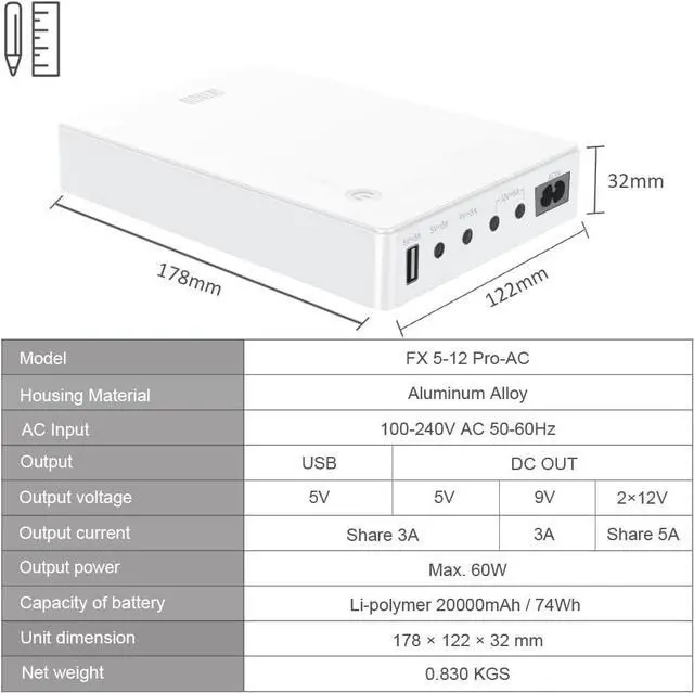 Alt view image 3 of 6 - Shanqiu Mini UPS Battery Backup Uninterruptible Power Supply for Router, Modem, Security Camera with Input AC Output USB 5V DC 5V 9V 12V (74Wh White)