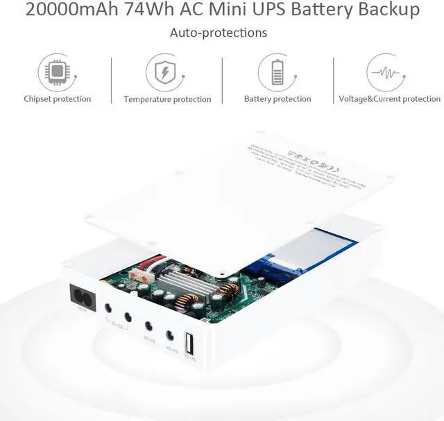 Alt view image 4 of 6 - Shanqiu Mini UPS Battery Backup Uninterruptible Power Supply for Router, Modem, Security Camera with Input AC Output USB 5V DC 5V 9V 12V (74Wh White)