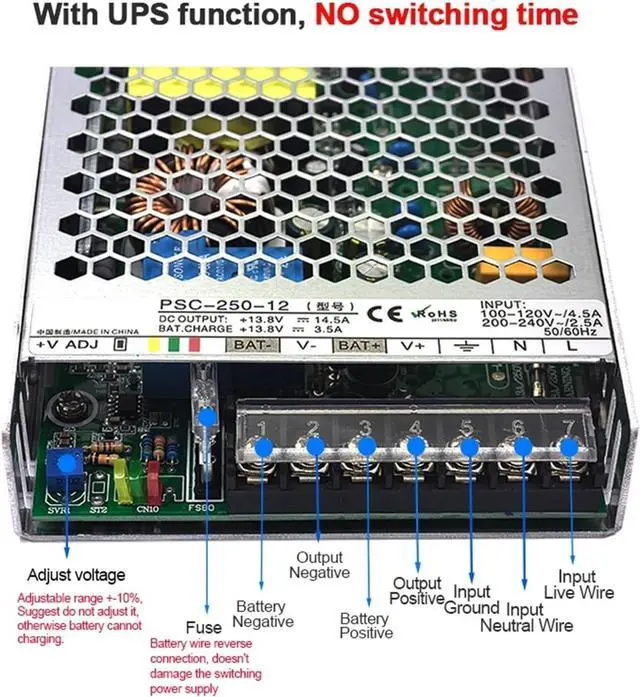 Alt view image 2 of 5 - Power 250W UPS Uninterruptible Switching Power Supply smps no Switch time AC to DC 13.8v 27.6vfor Charge PSC-250-12 PSC-250-24(24V)