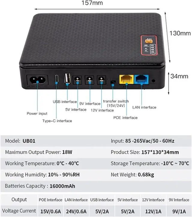 Alt view image 2 of 2 - 16000mah Mini DC Uninterruptible Power Supply UPS Battery Backup 5v 9v 12v USB Supply POE Mobile Power Bank