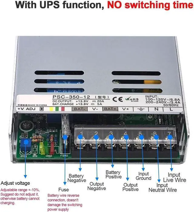 Alt view image 2 of 6 - 350w 12/24v AC UPS/Charging Function Monitoring Switching Power Supply Input 110/220v Battery Charger Output 27.6VDC(12V_350W)