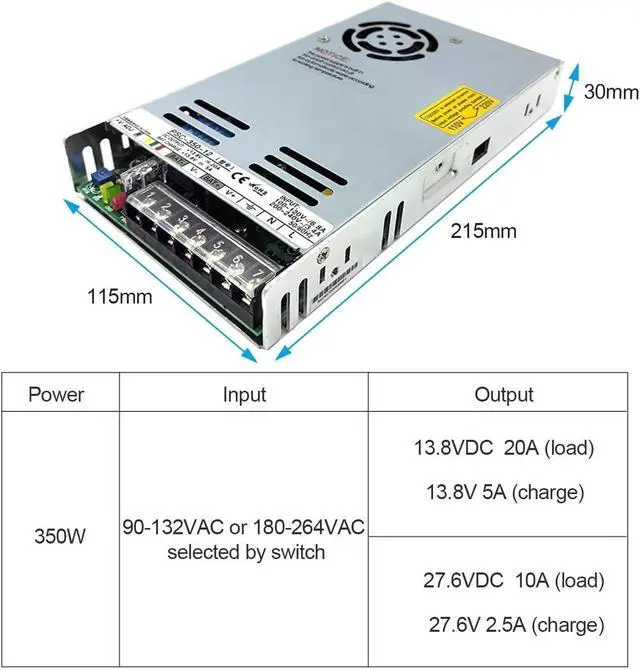 Alt view image 6 of 6 - 350w 12/24v AC UPS/Charging Function Monitoring Switching Power Supply Input 110/220v Battery Charger Output 27.6VDC(12V_350W)