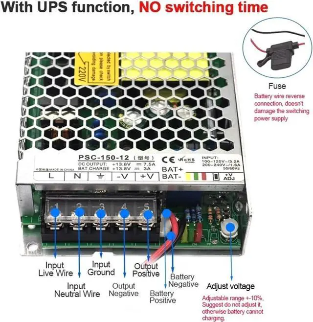 Alt view image 2 of 5 - 150W high Efficiency ups Power Supply, Battery-Less AC to DC 12V 24VDC Battery Charger PSC-150-12 PSC-150-24(24V_150W)