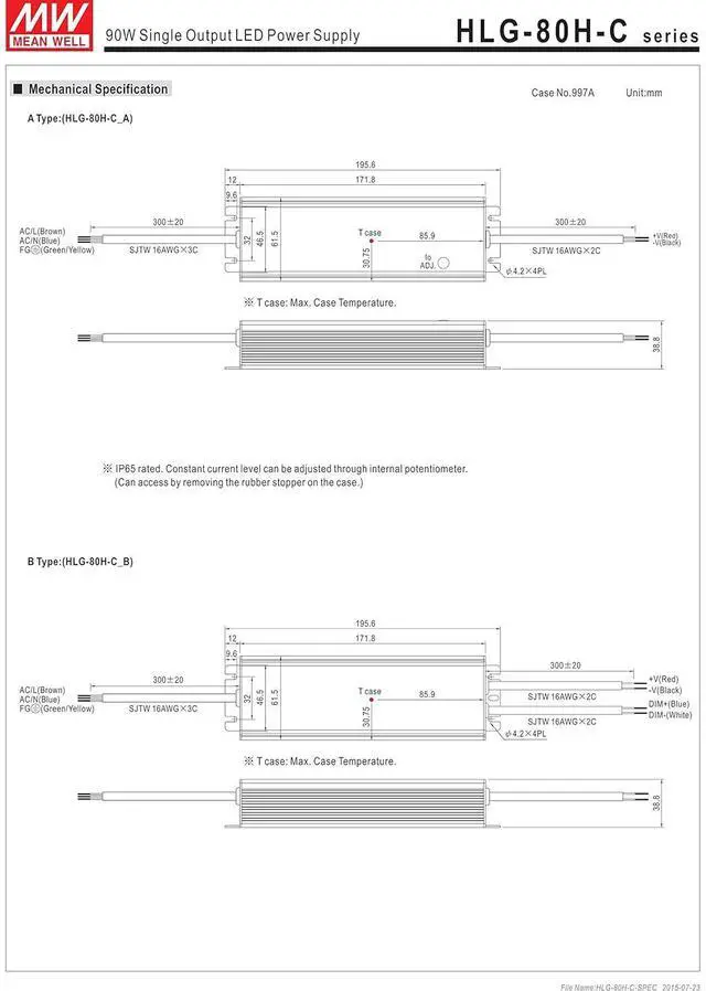 Alt view image 2 of 6 - MEAN WELL HLG-80H-C350A 80 W Single Output 350 mA 257 Vdc Output Max IP65 Switching Power Supply - 1 item(s)