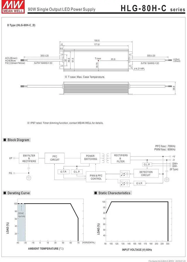 Alt view image 3 of 6 - MEAN WELL HLG-80H-C350A 80 W Single Output 350 mA 257 Vdc Output Max IP65 Switching Power Supply - 1 item(s)