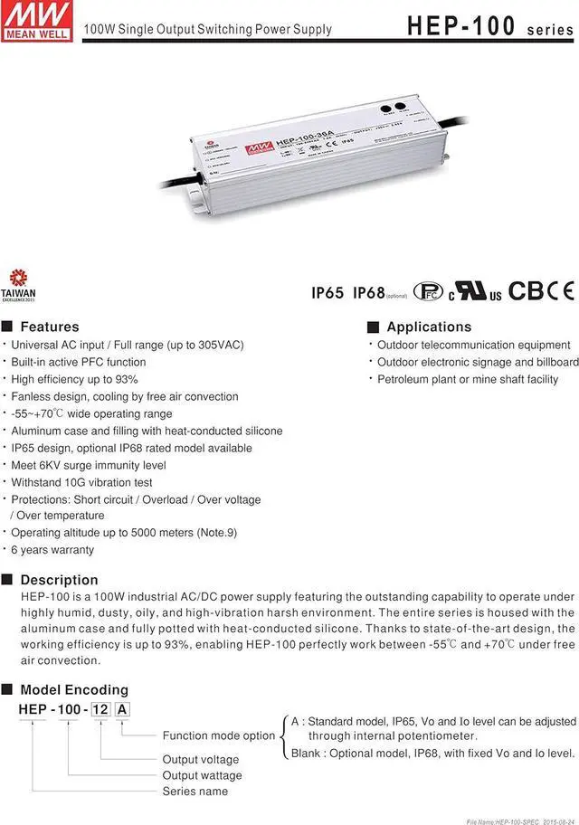 Alt view image 2 of 5 - MEAN WELL HEP-100-24A 24V 4A 96W Single Output Switching Power Supply Harsh Environment