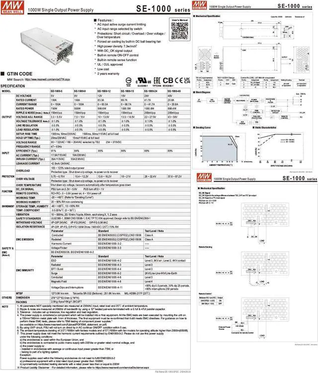Alt view image 7 of 7 - MedInnov SE-1000-48 1000W 48V Power Supply - 20.8A Output Current, High Power Density, Integrated Fan, DC OK Signal for Industrial Automation and Control Systems, Optimized for Demanding Applications