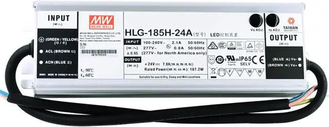 Main image of HLG-185H-24A Industrial Power Supply, 24V 7.8A 187.2W, IP67 Rated, Constant Current + Voltage Output, Metal Case, for Indoor/Outdoor Use