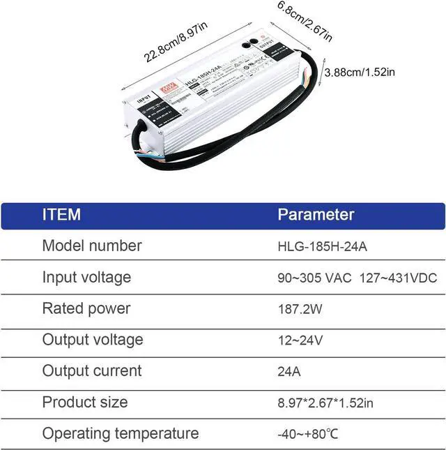 Alt view image 2 of 6 - HLG-185H-24A Industrial Power Supply, 24V 7.8A 187.2W, IP67 Rated, Constant Current + Voltage Output, Metal Case, for Indoor/Outdoor Use