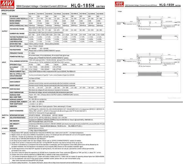 Alt view image 6 of 6 - HLG-185H-24A Industrial Power Supply, 24V 7.8A 187.2W, IP67 Rated, Constant Current + Voltage Output, Metal Case, for Indoor/Outdoor Use