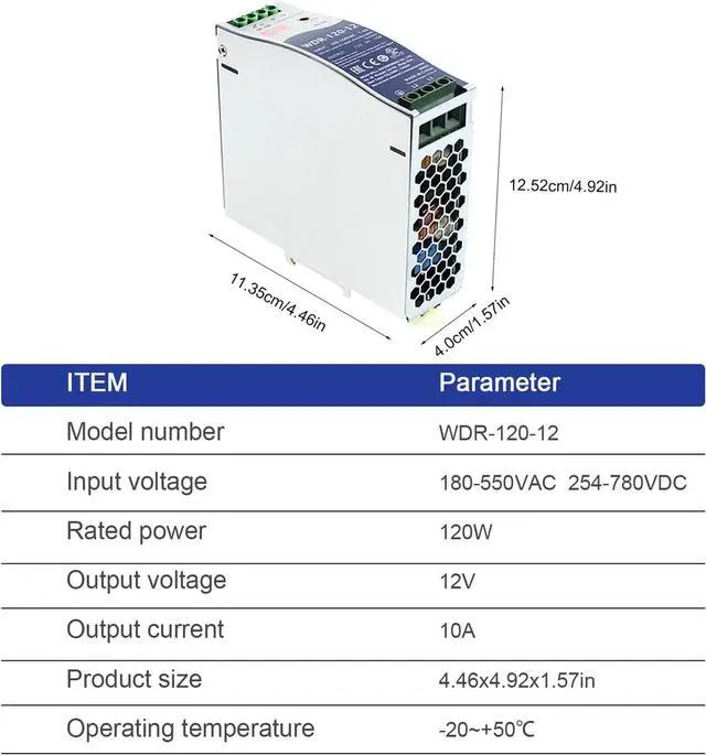 Alt view image 2 of 5 - WDR-120-12 120W 12V 10A High Efficiency AC-DC Switching Power Supply - Wide Input Voltage, for Industrial Automation and Electronic Equipment