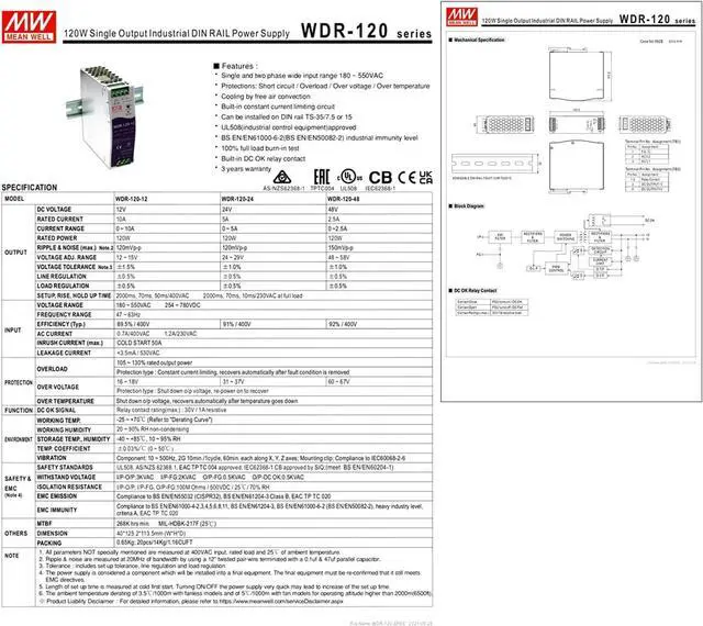Alt view image 3 of 5 - WDR-120-12 120W 12V 10A High Efficiency AC-DC Switching Power Supply - Wide Input Voltage, for Industrial Automation and Electronic Equipment