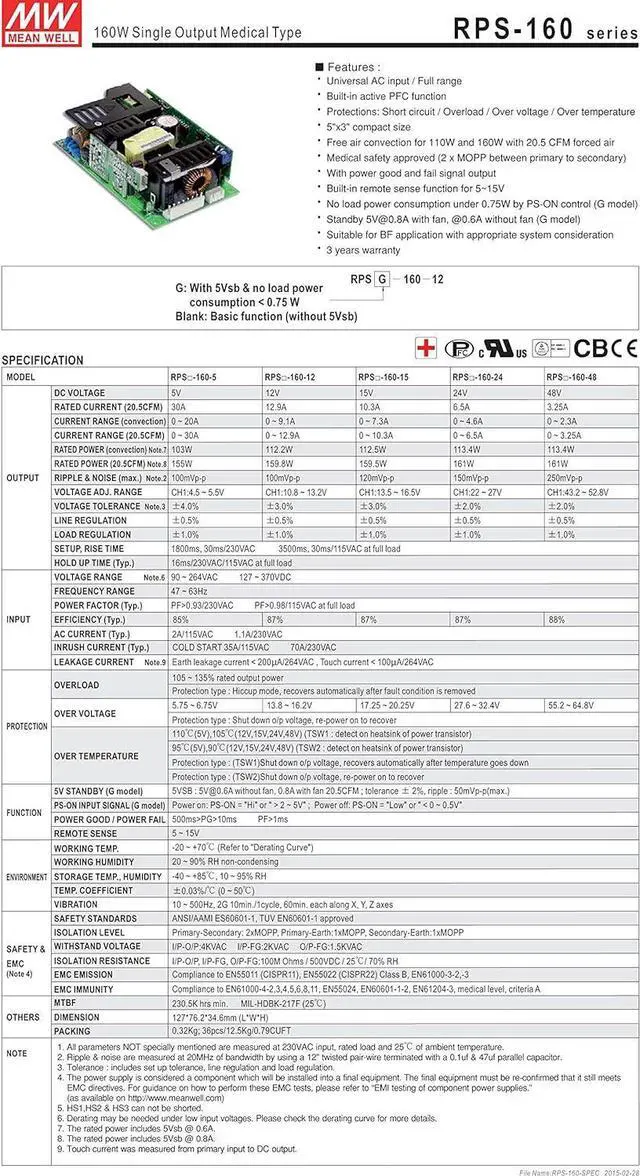 Alt view image 2 of 3 - MW Mean Well RPS-160-12 12V 12.9A Medical Type Green Open Frame Power Supplies