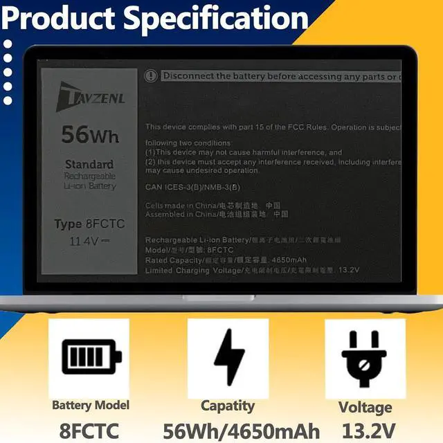 Alt view image 2 of 7 - 8FCTC 56Wh Battery Replacement for Dell Alienware M17 R4 R3 M15 R4 R3 Vostro 7620 7510 Precision 5570 5560 5550 Inspiron 5620 7610 7510 XPS 15 9520 9500 9510 G15 5510 5520 Series 11.4V 4650