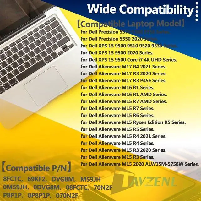 Alt view image 7 of 7 - 8FCTC 56Wh Battery Replacement for Dell Alienware M17 R4 R3 M15 R4 R3 Vostro 7620 7510 Precision 5570 5560 5550 Inspiron 5620 7610 7510 XPS 15 9520 9500 9510 G15 5510 5520 Series 11.4V 4650