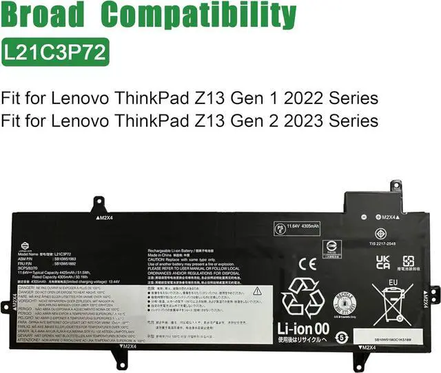 Alt view image 4 of 5 - L21C3P72 Laptop Battery Replacement for Lenovo ThinkPad Z13 Gen 1 2022 Gen 2 2023 Series SB10W51983 5B10W51882 SB11M89884 5B11M90083 L21B3P71 SB10W51984 5B10W51883 L21M3P72 11.64V 51.5Wh