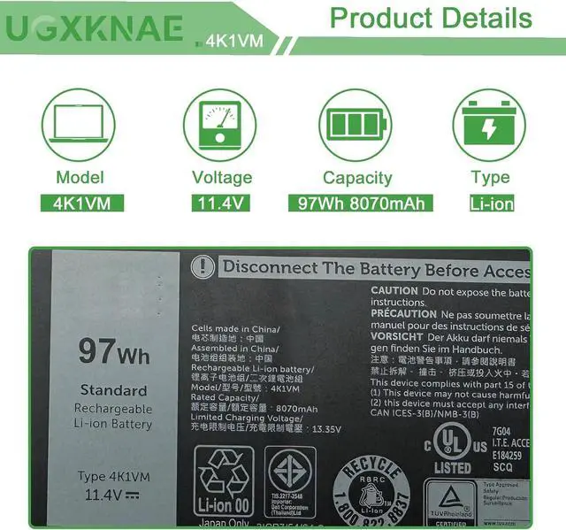 Alt view image 2 of 7 - 4K1VM Laptop Battery Replacement for Dell G7 17 7700 Series W62W6 0W62W6 9TM7D 09TM7D XYCW0 0XYCW0 V0GMT NCC3D 0NCC3D NYD3W 0NYD3W 97Wh