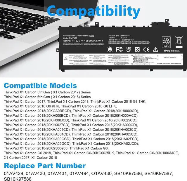 Alt view image 5 of 6 - Fancy Buying 01AV430 01AV494 SB10K97587 Battery Replacement for Lenovo ThinkPad X1 Carbon 5th Gen 2017 6th Gen 2018 Series 01AV429 SB10K97586 01AV431 SB10K97588 01AV494 SB10K97586