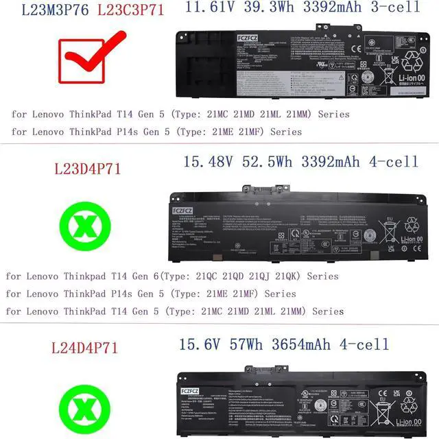 Alt view image 6 of 6 - L23C3P71 Battery Replacement for Lenovo ThinkPad T14 Gen 5 21MC 21MD 21ML 21MM / P14s Gen 5 21ME 21MF Series SB11H56314 5B11H56413 L23M3P76 SB11H56315 5B11H56414 11.61V 39.3Wh 3392mAh 3-Cell