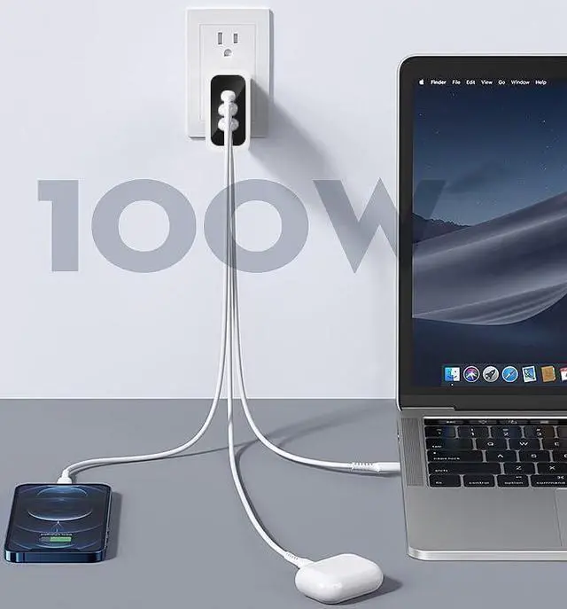 Alt view image 4 of 6 - Fast 100W Dual USB-C Plus USB-A Charger - GaN Power Delivery - Fast Compact Power Adapter for Laptops, Smart Phones, Tablets and Thousands of Other Devices (Black, 100W)
