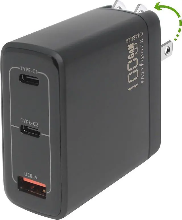 Alt view image 5 of 6 - Fast 100W Dual USB-C Plus USB-A Charger - GaN Power Delivery - Fast Compact Power Adapter for Laptops, Smart Phones, Tablets and Thousands of Other Devices (Black, 100W)