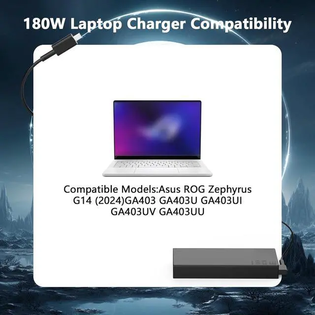 Alt view image 5 of 7 - 180W Rectangle Conn Charger Compatible with ASUS ROG Zephyrus G14 2024 GA403 GA403U GA403UU GA403UI GA403UV RTX 4070 4060 4050 Laptop Power Adapter