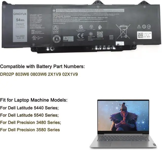 Alt view image 5 of 7 - New DR02P 2X1V9 02X1V9 803W6 0803W6 Laptop Battery Compatible with Dell Latitude 5440 5540 / Precision 3480 3580 Series Notebook 11.4V 54Wh 4623mAh