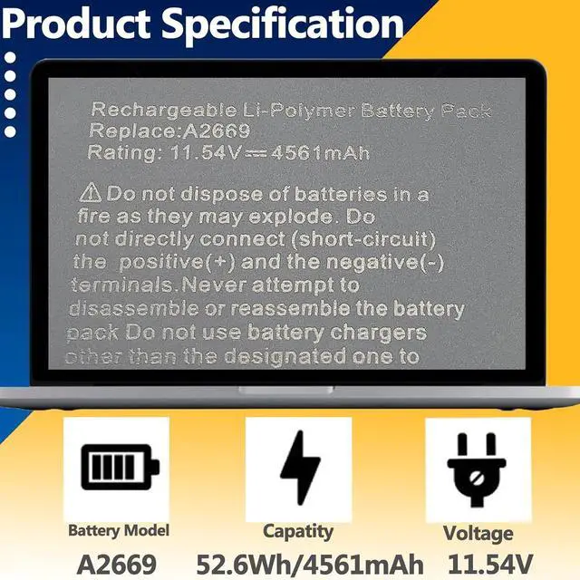 Alt view image 2 of 7 - A2669 A2681 52.6Wh Battery Replacement for MacBook Air 2022 13'' M2 (EMC 4074) MLY23LL/A MLXX3LL/A MLXW3LL/A MLXY3LL/A MLY03LL/A MLY43LL/A MLY33LL/A MLY13LL/A 11.54V 4561